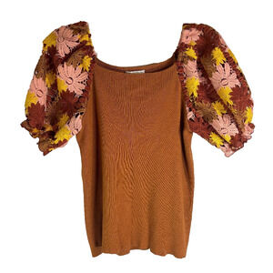 Cato Sweater Top Women's Sz L Brown with embroidered Crochet Flower Sleeves Boho